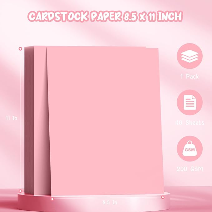 40 Sheets Pink Cardstock Paper 8.5 x 11, Pink Cardstock Printer Paper 8.5x11, Light Pink Card Stock Paper 8.5 x 11, 200 GSM Construction Paper for DIY Cards, Greeting Cards, Valentine's Day Cards