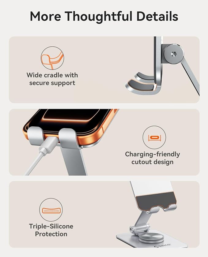 ORICO Aluminum Phone Stand for Desk, Adjustable Metal Phone Holder with Stable Support and Smooth 360° Rotation for Smartphones up to 6.9 Inches – Silver (PS2)