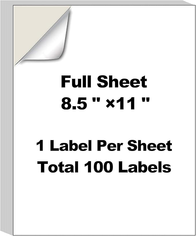 100 Sheets 8.5" x 11" Full Sheet Label Sticker Paper for Laser & Inkjet Printers,AveneMark 100 Labels Self Adhesive 8-1/2" x 11" Printable Full Page Address Shipping Labels