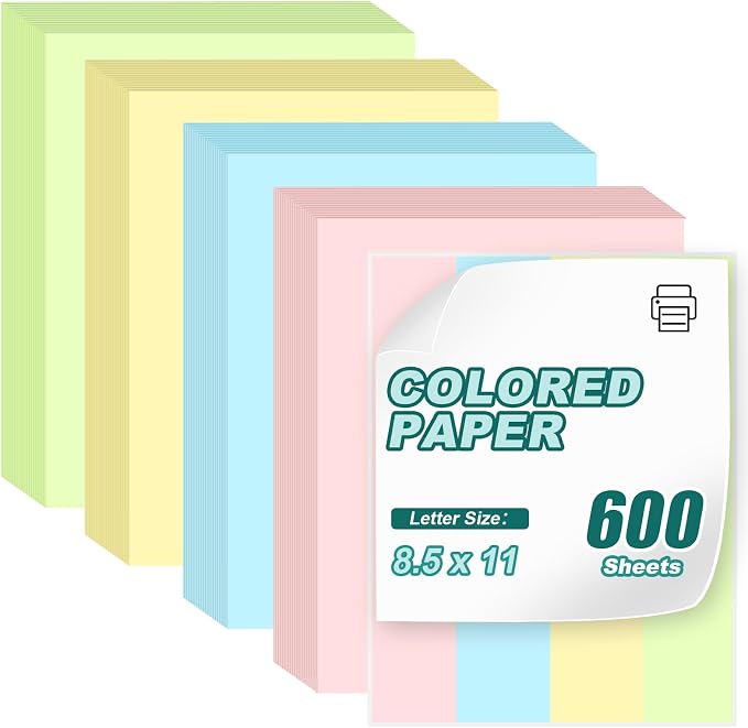600 Sheets Colored Copy Paper 8.5" x 11", Colored Printer Paper 80GSM Thick | 4 Assorted Letter Size Colored Paper for Printing, DIY Project, School & Office, Pink,Blue,Yellow,Green, 150 Sheets Per Color