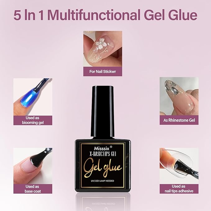 Misssix Short Almond Gel Nail Tips Kit, 360Pcs Pre Etched Clear gel x Fake Nails, Full Cover False Nail 9-in-1 Gel Glue and Portable Mini U V Nail Lamp for Women 12 Sizes