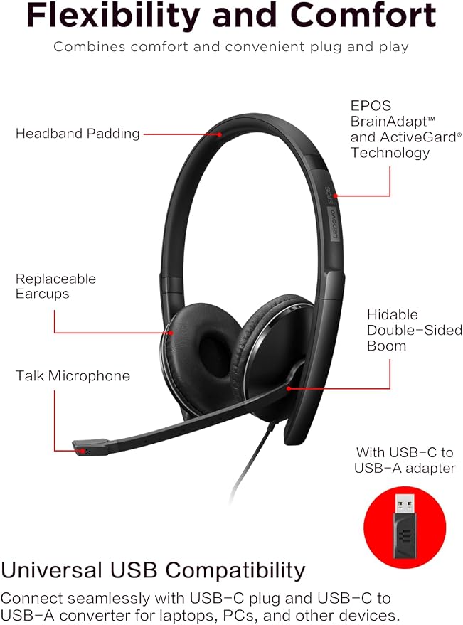 Lenovo Wired ANC Headset Gen 2 (Teams) with Active Noise Cancellation, EPOS BrainAdapt & ActiveGard Tech, Lightweight, USB-C, Plug-and-Play, Zoom Certified, Customizable, Hearing Protection | Includes USB-A converter, travel pouch and 2 year warranty f...