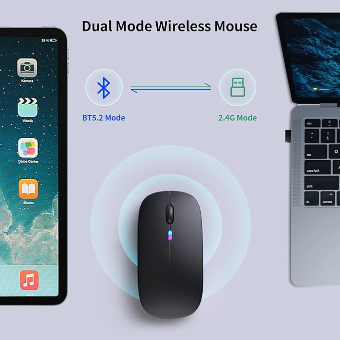 Wireless Bluetooth Mouse – Rechargeable, Silent, Dual Mode (Bluetooth 5.2 & USB) with LED Lights – Portable for Laptop, Desktop, & Tablet(Black)