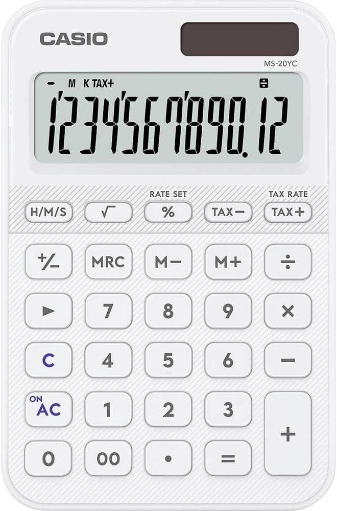 CASIO MS-20YC small desktop calculator with time calculation, white