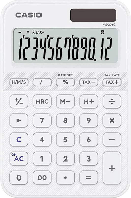 CASIO MS-20YC small desktop calculator with time calculation, white