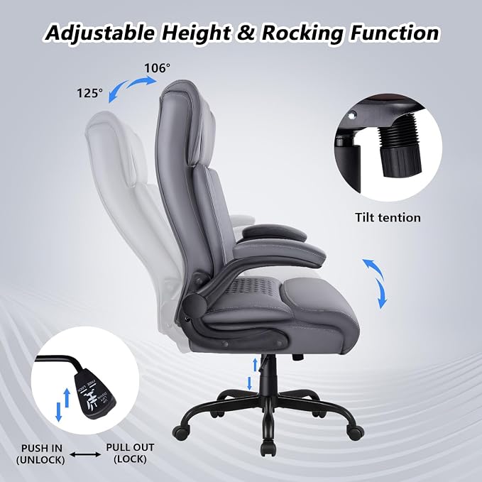 Office Chair, 400LBS Heavy Duty Big and Tall Executive Office Desk Chair with Flip-up Arms, Ergonomic High Back Office Chairs with Lumbar Support, PU Leather, Grey