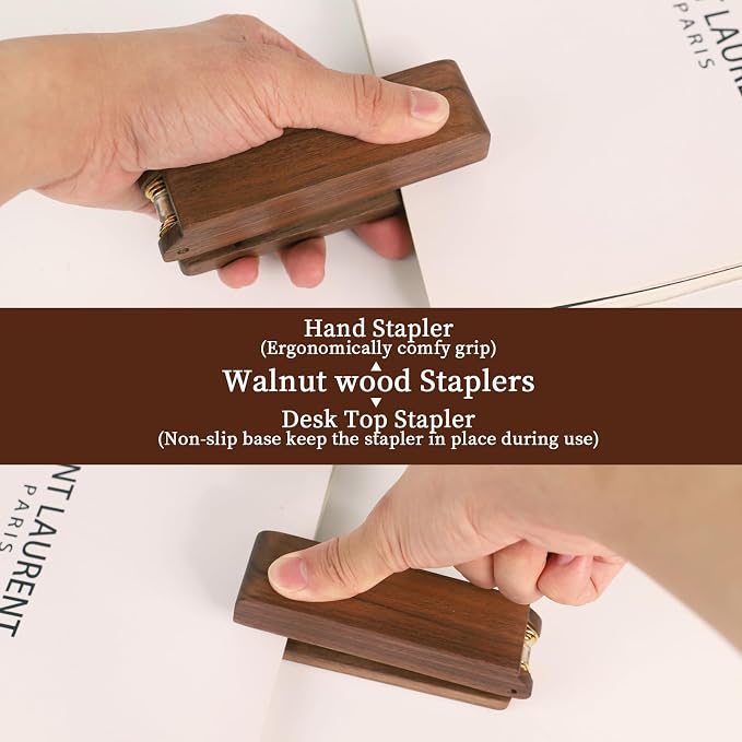 MultiBey Walnut Wood Stapler for Desk, 25 Sheet Capacity with 1000 Staples | Jam-Free Natural Woodgrain Stapler. Retro Desktop Staplers & Accessories for Office, Home & School