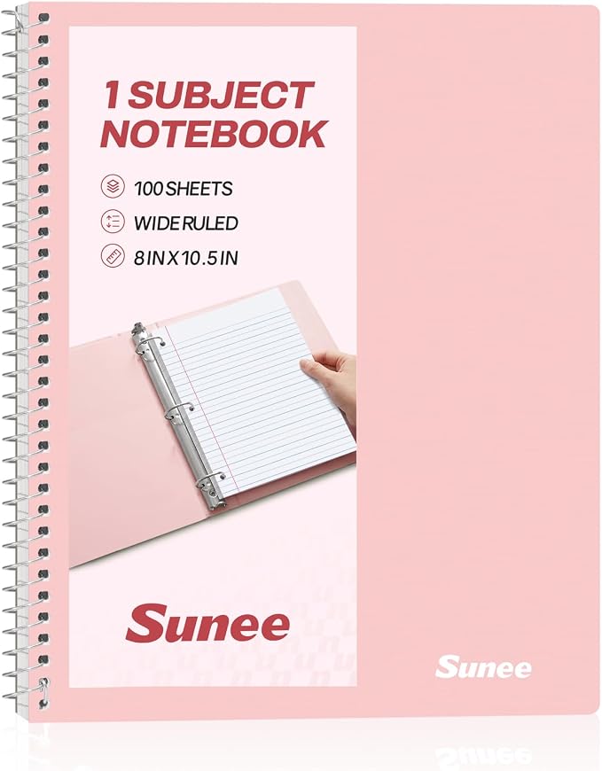 SUNEE Spiral Notebook, 1-Subject, Wide Ruled Paper, 8" x 10-1/2", 100 Sheets per Notebook, 3-Hole Punched Paper, Water Resistant Cover, Double-sided Pockets, Spiral Lined Notebooks for School, Pink