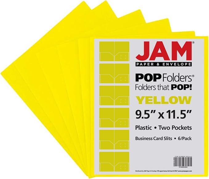 JAM PAPER Plastic 2 Pocket POP Folders - Durable School Folders - Yellow - 6/Pack
