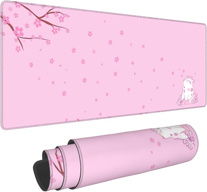 Pink Cute Anime Desk Mat,Cherry Blossom Cat Girly Mousepad,31.5x12in | XL Large Japanese Gaming Mouse Pad for Women Girls,Pastel Sakura Aesthetic Office Desk Decor Keyboard Mat,80x30 cm