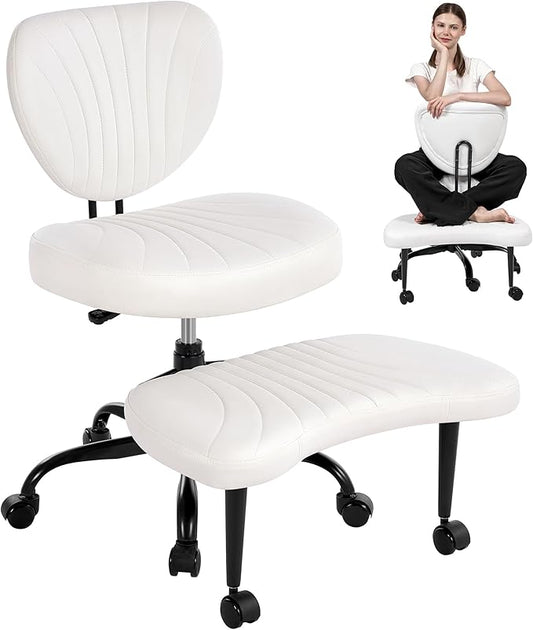 Cross Legged Office Chair, Ergonomic Criss Cross Chair with Wheels, 360° Swivel Height-Adjustable Meditation Chair for Yoga & ADHD, Wide Kneeling Chair with Strong Lumbar Support (White) BPY01W