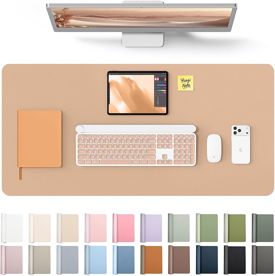 YSAGi Leather Desk Protector, Office Mat, Large Mouse Mat, Non-Slip PU Leather Blotter, Laptop Desk, Waterproof Writing Pad for Office and Home (Latte, 35.4" x 17")