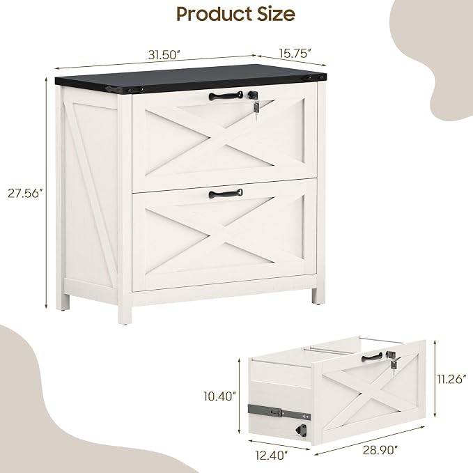 Befrases Farmhouse File Cabinet, Lateral Filing Cabinet with 2 Drawers with Lock for Letter/A4 Size Hanging Files, Large Wooden Printer Stand File Storage Cabinet for Home Office, White and Black