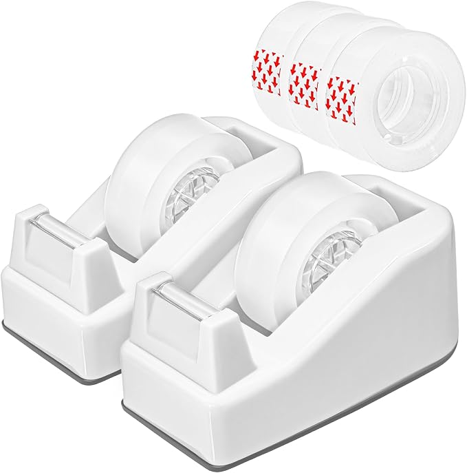 2-Pack Compact Office Tape Dispenser w/ 5 Rolls of 1" Tape, White | Standard 1-Inch Core Clear Tape Roll Holder, Small & Lightweight, Smooth Cut Blade, Rubber Base, Aesthetic Desktop Supplies
