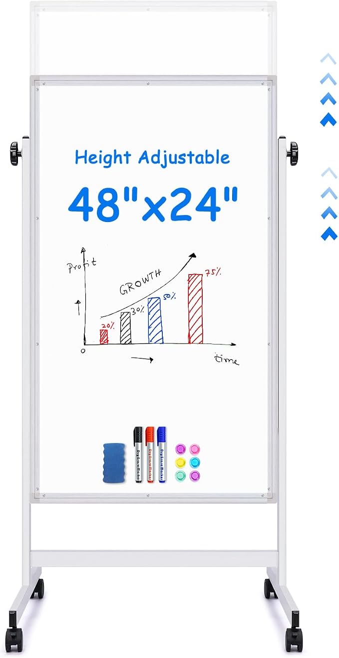Maxtek Rolling White Board 48 x 24in,Height Adjustable Whiteboard on Wheels | Mobile Easel Large Magnetic Portable Double-Sided Dry Erase Board with Stand for Classroom, Home, School, Office and Teachers