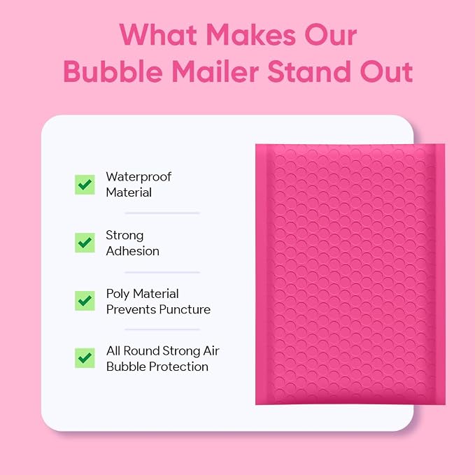 Hot Pink Bubble Mailers 6x10, Self Seal Poly Padded Envelopes #0, 250 Pack | Fits Cards, CDs & Small Items,No Tape Needed,Cushioned Protection,Water-Resistant Poly,Bulk Pack for Small Business
