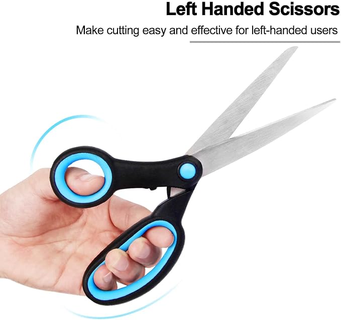 Left Handed Scissors for Adults, 8 Inch Lefty Scissors Bluk for Kids Student, All Purpose Sharp Blades Shears Set of 2 Pack, Great for Craft, Office, Sewing Fabric, Arts, School and Home, Black/Blue
