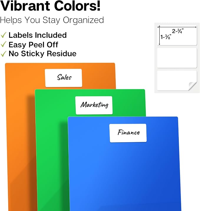 Dunwell Plastic 2-Pocket Folders, 8.5x11, Assorted, 24 Pack, Poly | Heavy-Duty, Long-Lasting Poly, Fits 8.5x11 Documents, Assorted Colors for School & Office, Includes Labels