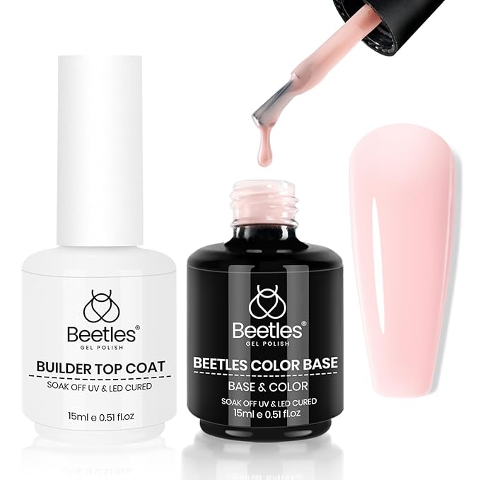 Beetles Rubber Base Gel and Builder Top Coat Gel Nail Polish Set, 2Pcs 15ML Nude Nail Polish Pink Neutral Color Base No Wipe Builder Top Coat, Thick Flexible Base for Nails Strengthening