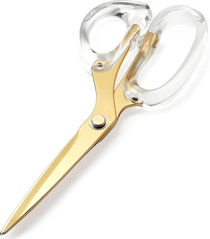 9” Stainless Steel Acrylic Scissors, Clear with Gold Metal | Aesthetic and sharp all purpose scissors, Perfect for sewing, arts, and crafts, Stationery tools for office, and school