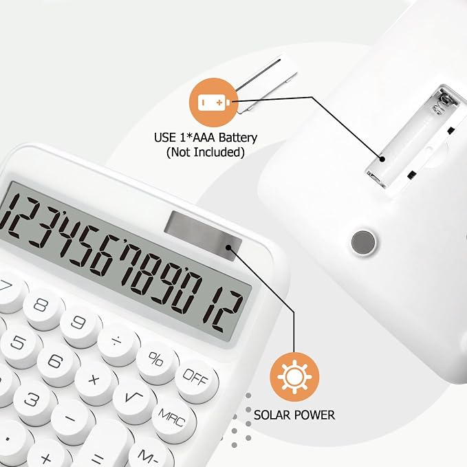 White Calculator, Big Button Calculator with Large LCD Display | White Calculator for Desk , Solar Calculator Powered by 2 Modes, White Desk Accessories