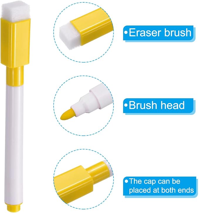 PATIKIL Dry Erase Marker Pens Yellow Ink Point with Eraser Cap 30Pcs | Marker Pens with Eraser Cap for Office Home Classroom, White Pen Rod