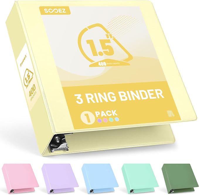 Sooez 3 Ring Binder 1.5 Inch, D-Ring Binder with Pockets, Yellow, 8.5"x11" | Holds 400-Sheet of Letter Paper, Extra Durable, PVC-Free, Clear View Cover, Interior Pockets, Eco-Friendly, School, Office