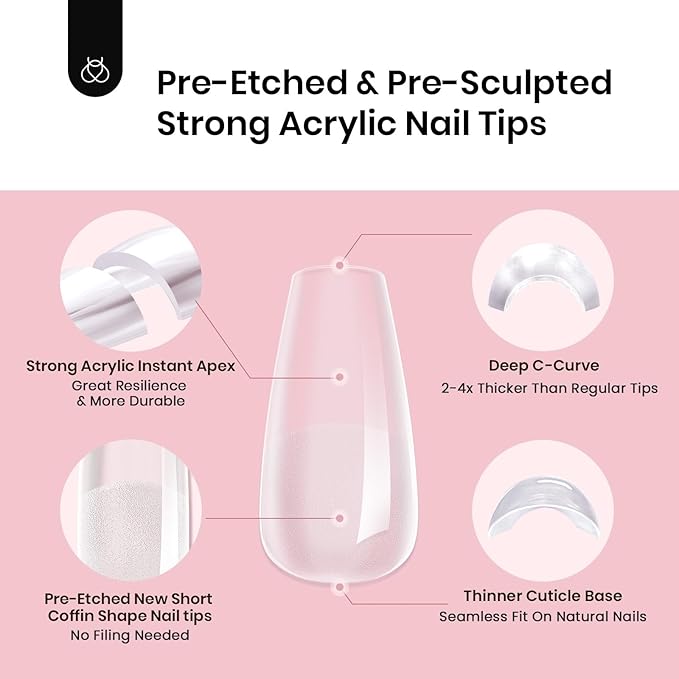 Beetles Tipex Instant Apex Nail Tips, Coffin Short, 16 Sizes (00–14), 192pcs, Built-In Apex, No Builder Gel Required, Thicker Strong Acrylic Tips for DIY Nail Extensions