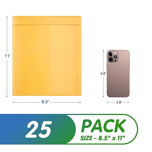 Kraft Bubble Mailers 8.5 x 11 Inch Yellow, Padded Envelopes Self Seal, Pack of 25, Bubble Lined Kraft Paper Mailing Envelopes for Shipping