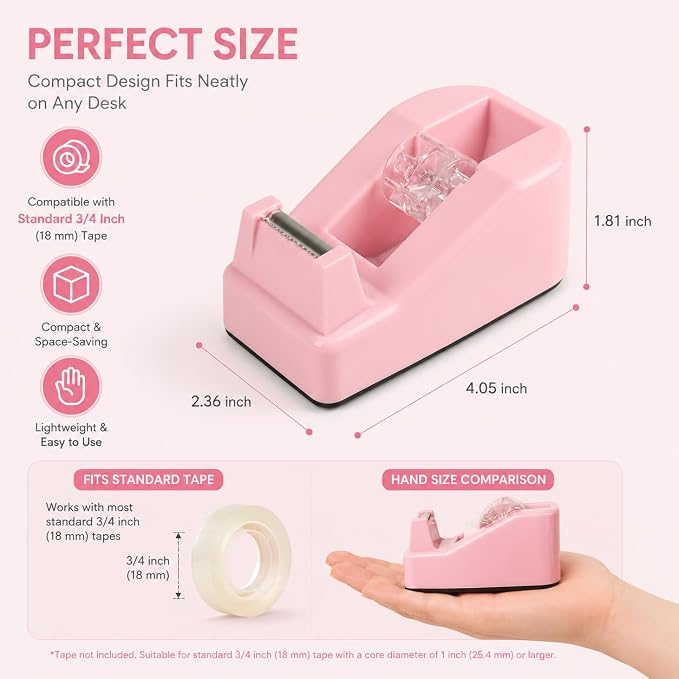 SHOIKOM Cute Tape Dispenser for Desk, Weighted Non-Slip Base, One-Hand Tape Cutter, Pink Desk Accessories, Aesthetic Office Decor for Women, Students & Teachers(Tape not Included)