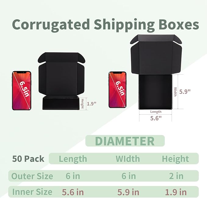 Rempry 50 Pack 6x6x2 Inches Black Small Shipping Boxes, Cardboard Corrugated Mailer for Packaging Small Business, Gift Boxes for Mailing Present