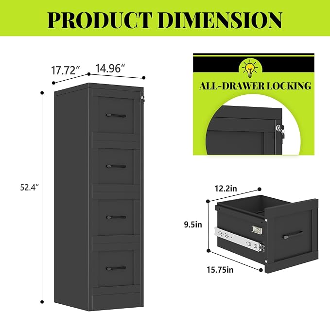 4-Drawer Metal File Cabinet with Lock, Tall Narrow Vertical, Black | Tall metal filing cabinet with adjustable rails for Letter, Legal and A4 folders; one lock secures all four drawers