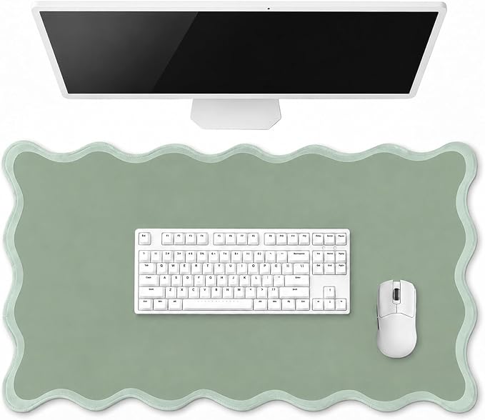 Hahafelt Scalloped Desk Mat Waterproof,Antique Green,31.5 X 15.8 Inches | Coquette Preppy Style for School Office Makeup Vanity, Nonslip Gaming Desktop Protector with Scalloped Stitched Edge Mat