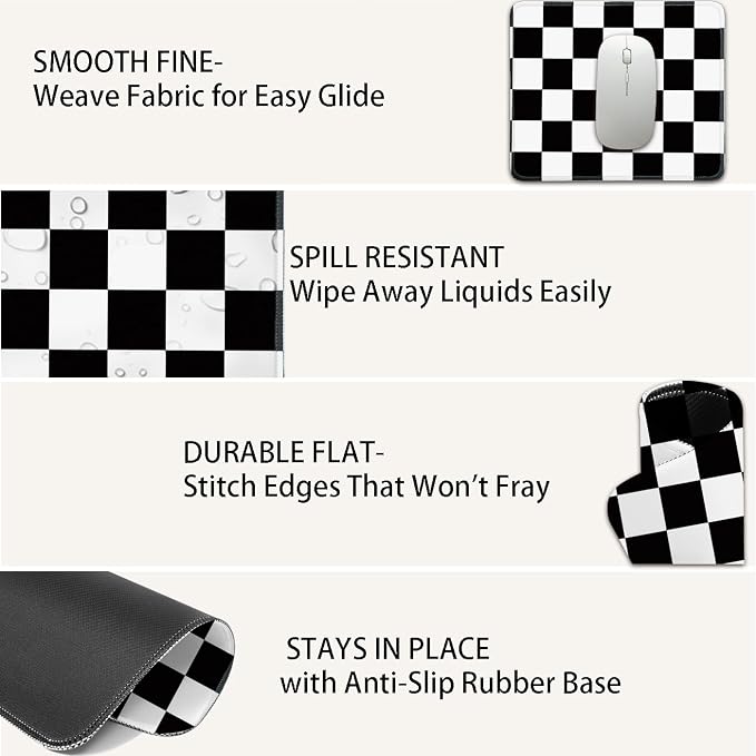 Mouse Pad for Desk with Stitched Edge, Premium Cute Washable Mouse Pads. Computer Mousepad with Non-Slip Rubber Base, Mousepads for Laptop, 9.25x7.75x0.12 inch (Checker Grid)