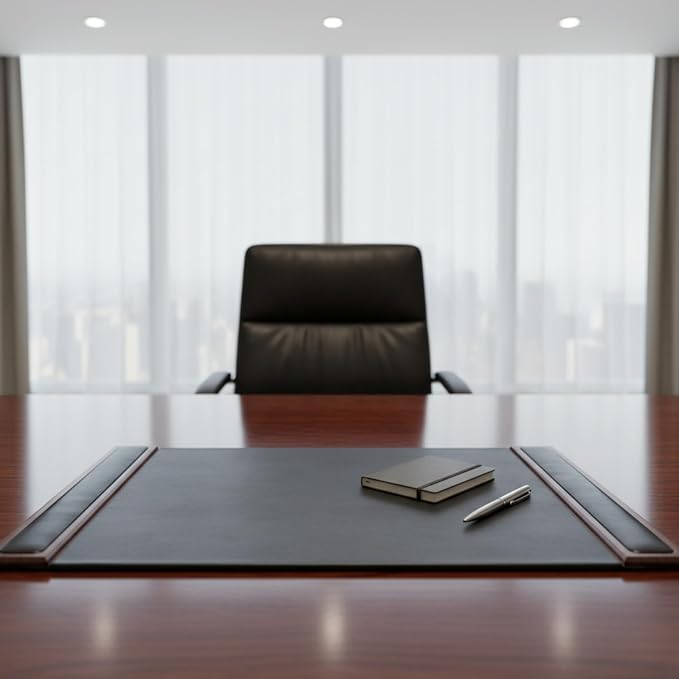 DACASSO Wood & Leather Desk Pad - Luxury Leather Desk Blotter for Writing - Padded Executive Desk Surface Protector - (Walnut & Black, 25.5” x 17.25”)