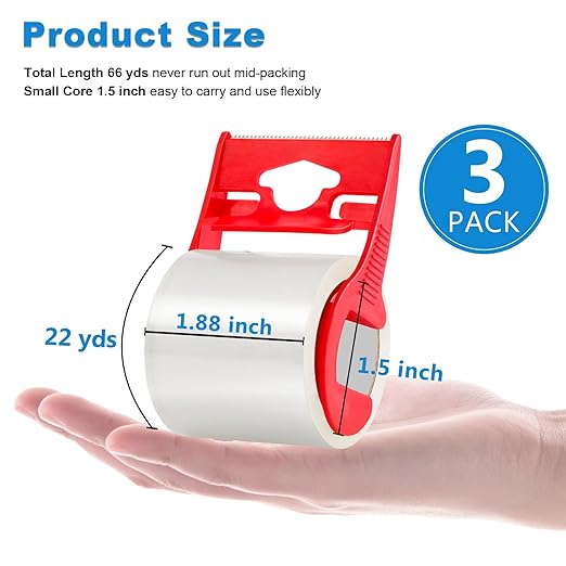 SCYON Packing Tape, Clear Packing Tape with Dispenser, 1.88 in. x 22.2 yd., 3 Noiseless Shipping Tape Rolls, 2 mil, Tranparent Boxing and Packaging Tape for Mailing, Moving Supplies.