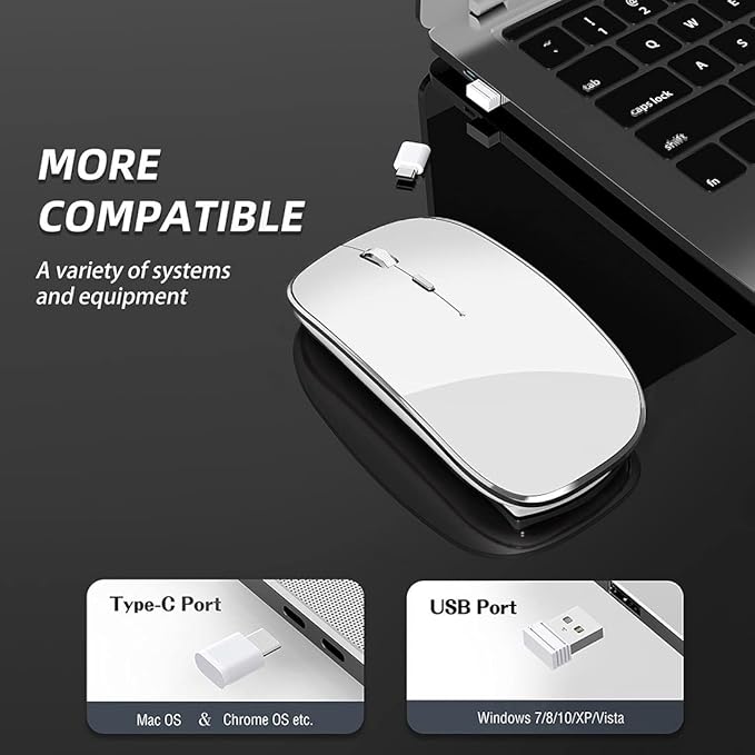 Wireless Mouse Chargeable Portable Silent USB-A and Type-C Dual Mode 3 Adjustable DPI for Laptop, PC (Q23S Black) (White)
