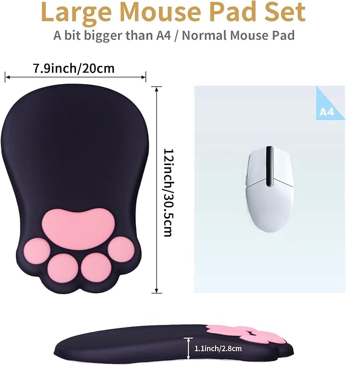 L-SPOUTTO Ergonomic Mouse Pad with Wrist Rest,Black Mouse Pad Wrist Support | Cute Cat Paw Comfortable Massage Design,Computer Pain Relief Mousepad with Non-Slip PU Base for Desk Laptop Gaming