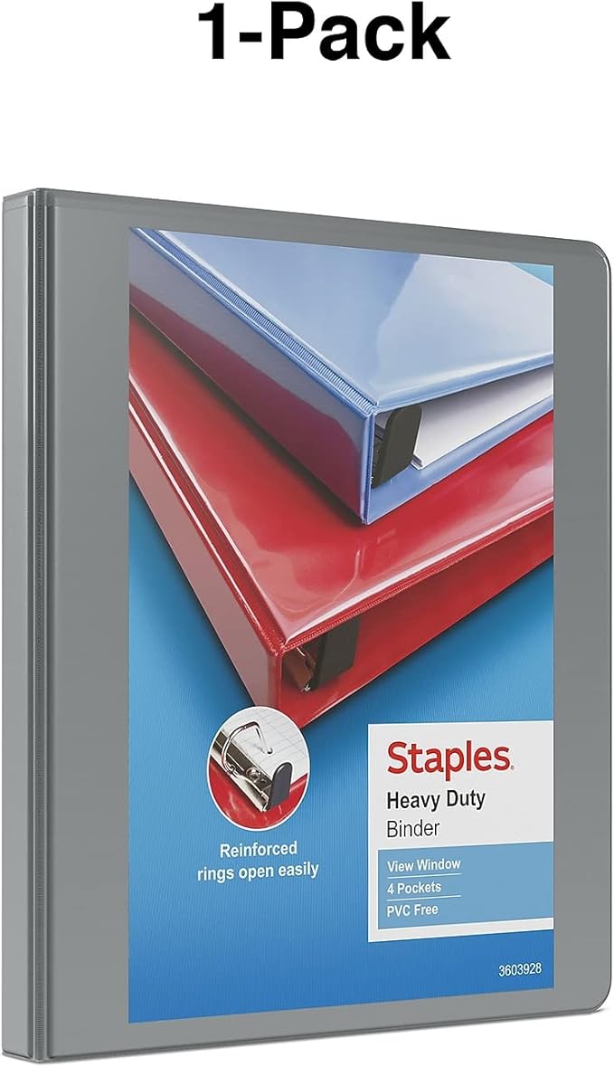 Staples Heavy-Duty 0.5-Inch D-Ring View Binder, Reinforced Spine, Holds Up to 100 Sheets, Gray, Slim Binder for Office & School
