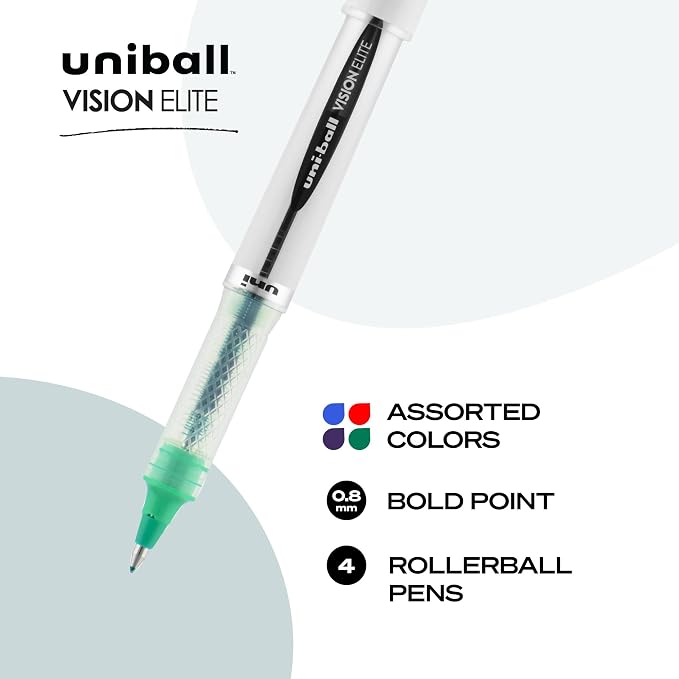uniball Vision Elite Rollerball Pens, Bold Point (0.8mm), Assorted Colors, 4 Pack
