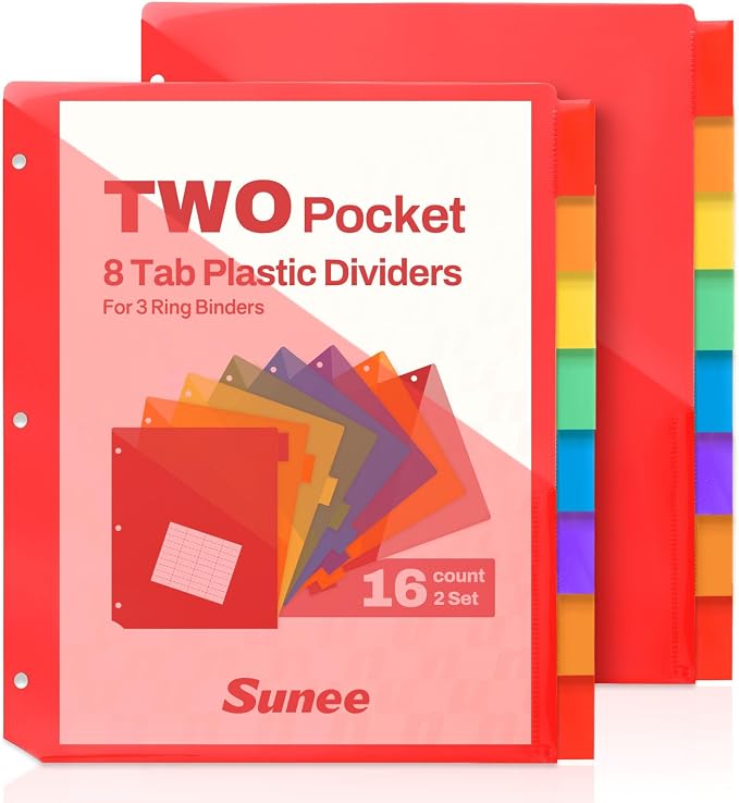 SUNEE 8 Tab Dividers with Pockets, Plastic Dividers for 3 Ring Binder, Subject Dividers with 2 Pockets, Binder Dividers for School Office Home Supplies, Multicolor, 2 Set