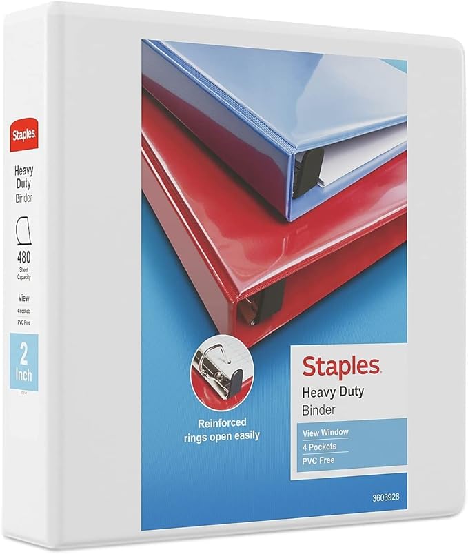 Staples Heavy-Duty 2-Inch D-Ring View Binder, White – Large Capacity 3-Ring Binder for School & Office Storage