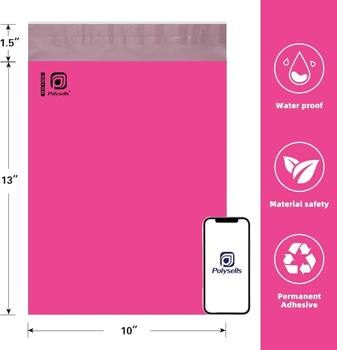 POLYSELLS 100 pcs 10x13 Inches Pink Poly Mailers Shipping Envelopes, Strong Adhesive Sealing, Waterproof, and Tear-resistant Postal Mailing Bags for Clothing and Accessories