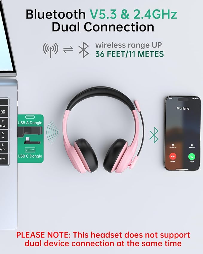 AOC Wireless Headset with Mic for Work, AI Noise Cancelling, Bluetooth | AI Noise Cancelling Mic, Bluetooth 5.3, USB-A/C Dongle Included, Mic Mute, Compatible with PC, Laptop & iPhone