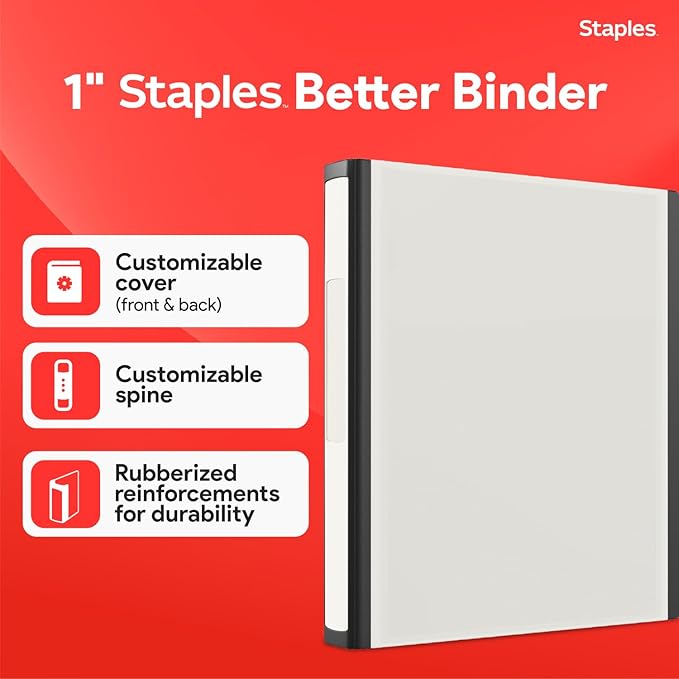 Staples Heavy-Duty 1-Inch D-Ring Binder, White – Large View 3-Ring Binder, Holds Up to 275 Sheets for School & Office