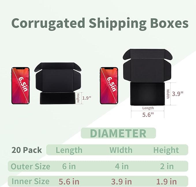 Rempry 6x4x2 Inches Black Small Shipping Boxes Pack of 20, Cardboard Corrugated Gift Mailer Boxes for Packaging Small Business Mailing Present