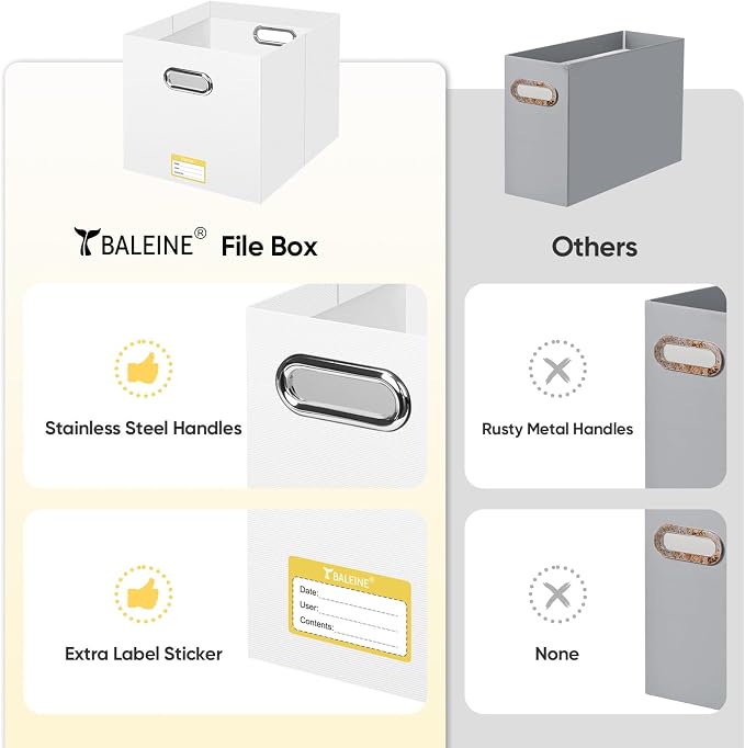 BALEINE File Organizer Box, Cardboard File Folder Organizer with Handle for Letter Size, Portable Collapsible Hanging Filing Box for Home Office Document Storage (8 Pack, Large White)
