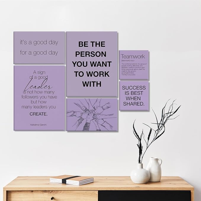 YEOION Purple Motivational Teamwork Office Wall Decor,Inspirational Team Work Wall Art Canvas Frame Artwork for Office Workplace Breakroom Wall Decor Set of 6