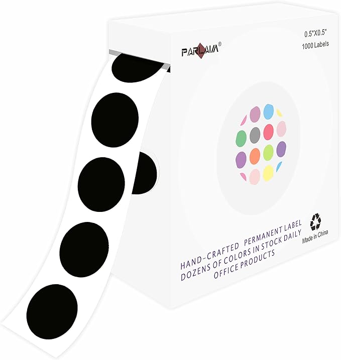PARLAIM 0.5" Round Color Coding Circle Dot Labels on a Roll, 1000 Stickers in Plastic Dispenser Box, 1/2 inch Diameter, Black