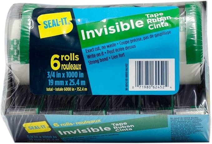 Seal-It Invisible Stationery Tape 3/4 x 1000 Inches On Press N' Cut Dispenser, Pack of 6 Total 6000 Inches, White (62452)